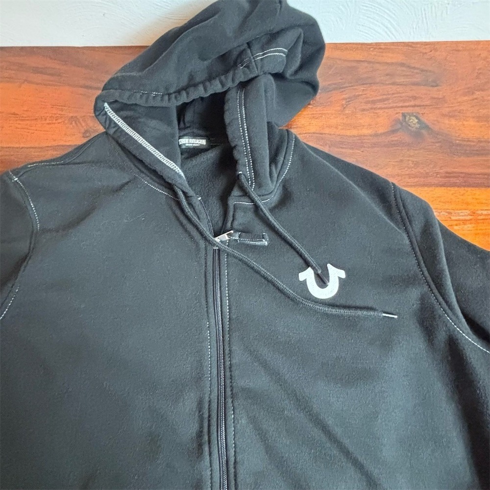 True Religion Hoodie Mens XL Black Full Zip Buddha Logo Graphic Fleece - Picture 3 of 9